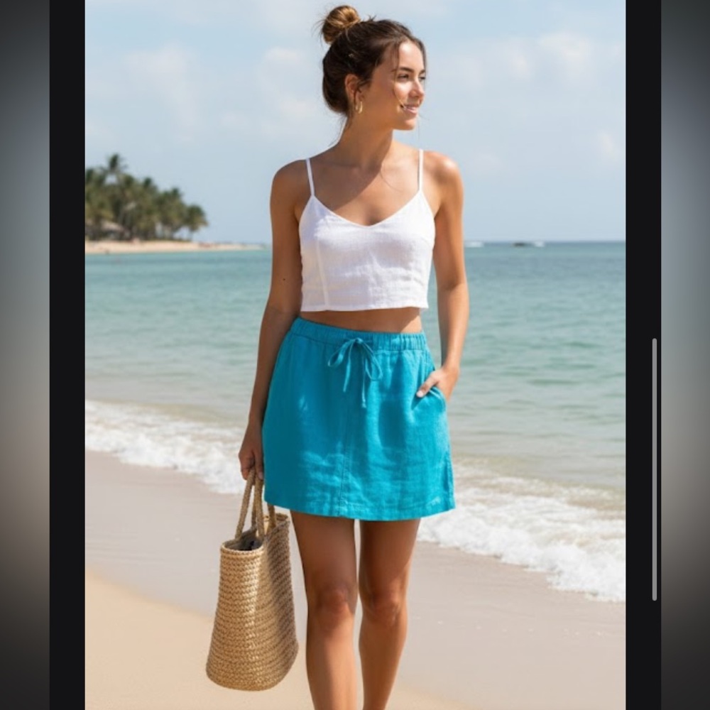 Caslon mini skirt with pockets turquoise size XL 100% Linen resortwear coastal